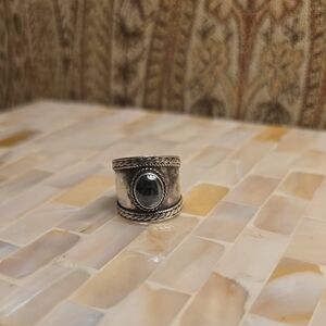 Vintage Sterling Silver Tribal Band with Cabochon Black Onyx, Size 8, Estate